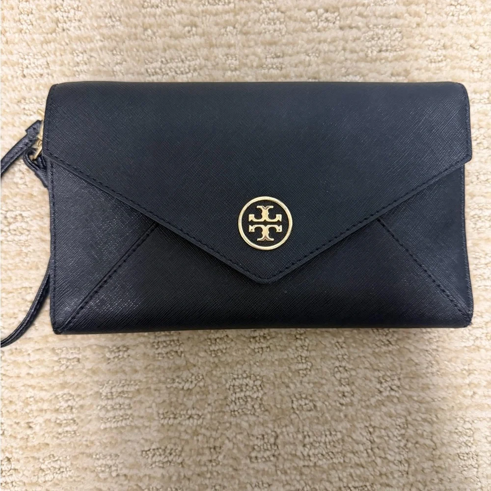 Tory Burch Black Saffiano Envelope Wristlet with Gold Logo